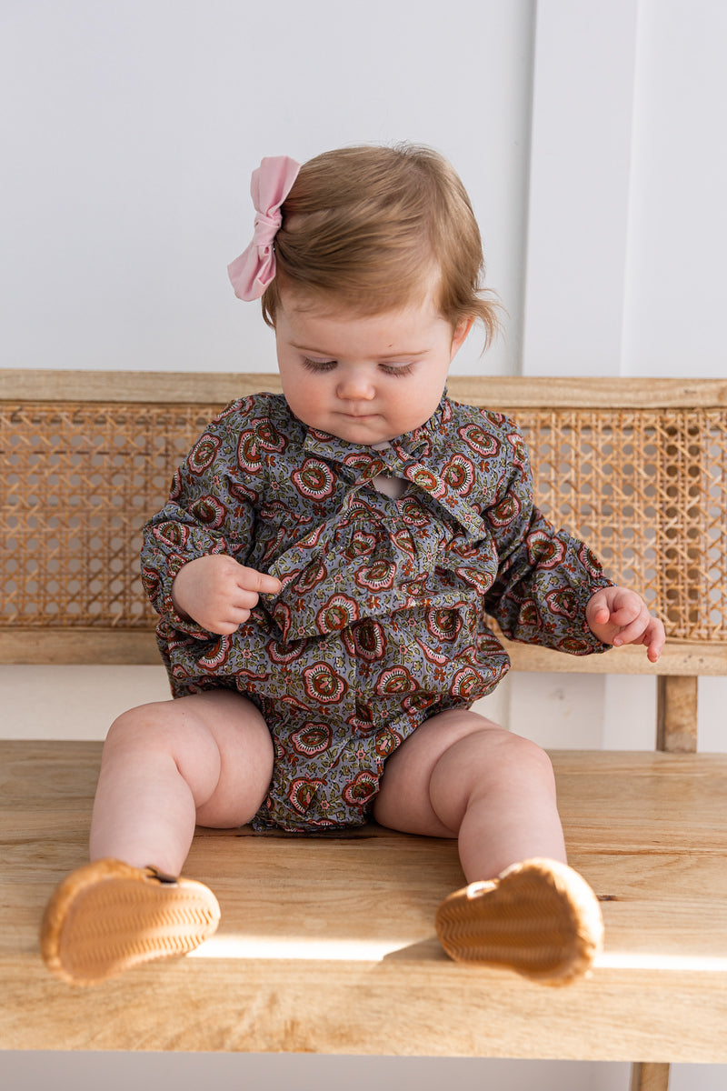 Grey Floral Printed Front Bottom Lace Long Sleeves Baby Romper