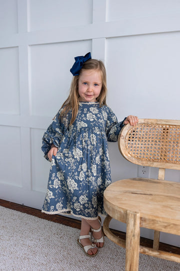 Grey Floral Printed Neck & Bottom Lace Long Sleeves Gathrered Dress