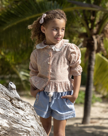 Irish Blouse Garder Flower & Roman Shorts Ocean Blue (set)