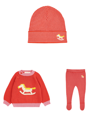 Rocking Horse jumper & knitted footed leggings & beanie ( SET )