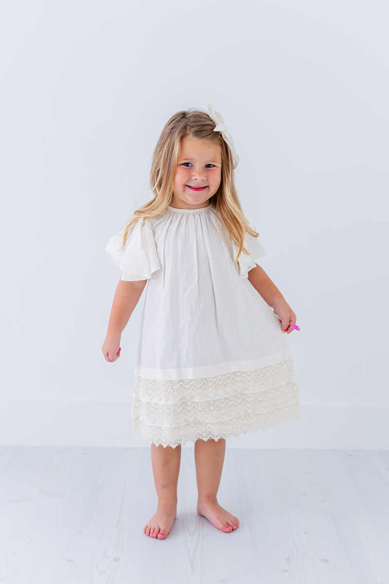 White Textured Checks Dress with Cap Sleeves & Lace Details