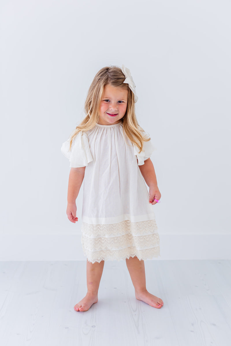 White Textured Checks Dress with Cap Sleeves & Lace Details