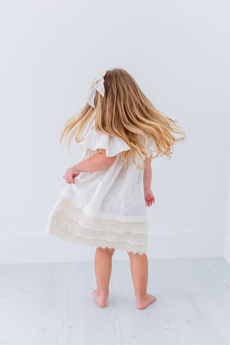 White Textured Checks Dress with Cap Sleeves & Lace Details