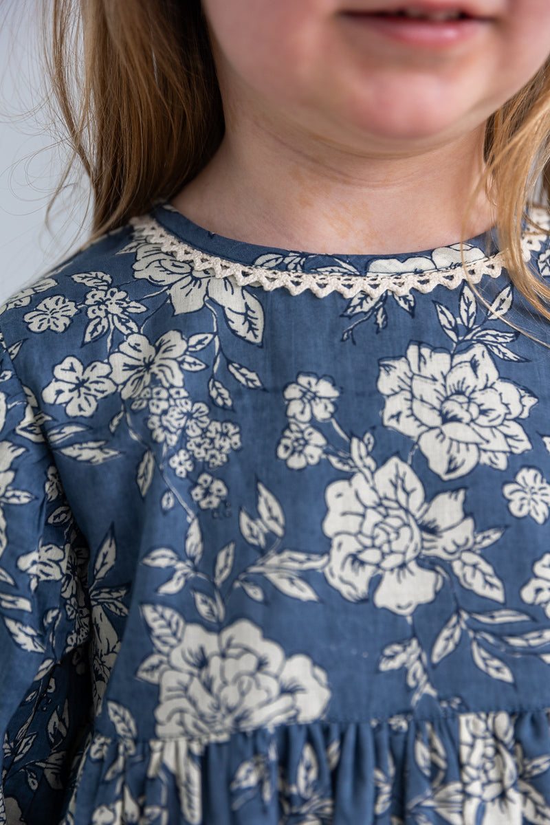 Grey Floral Printed Neck & Bottom Lace Long Sleeves Gathrered Dress