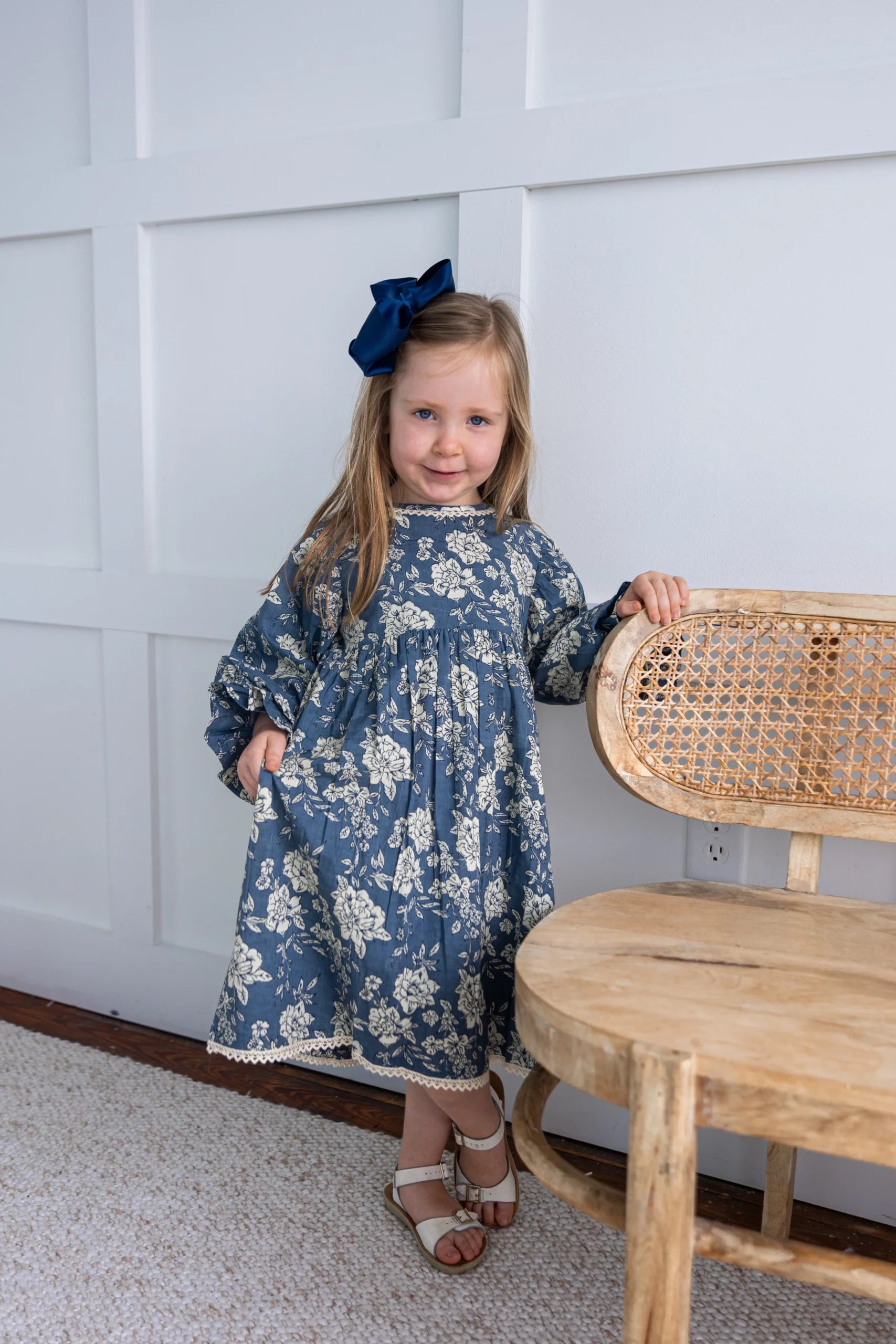Grey Floral Printed Neck & Bottom Lace Long Sleeves Gathrered Dress