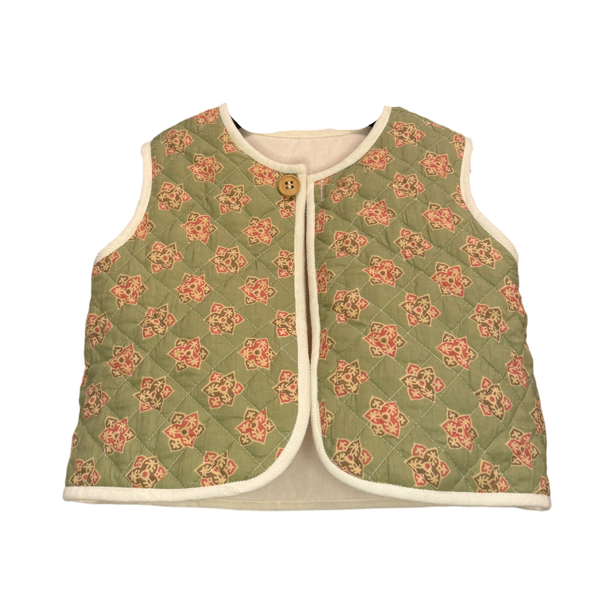 Reversible Soild Off White Conduroy & Sage Green Floral Quilted Jacket