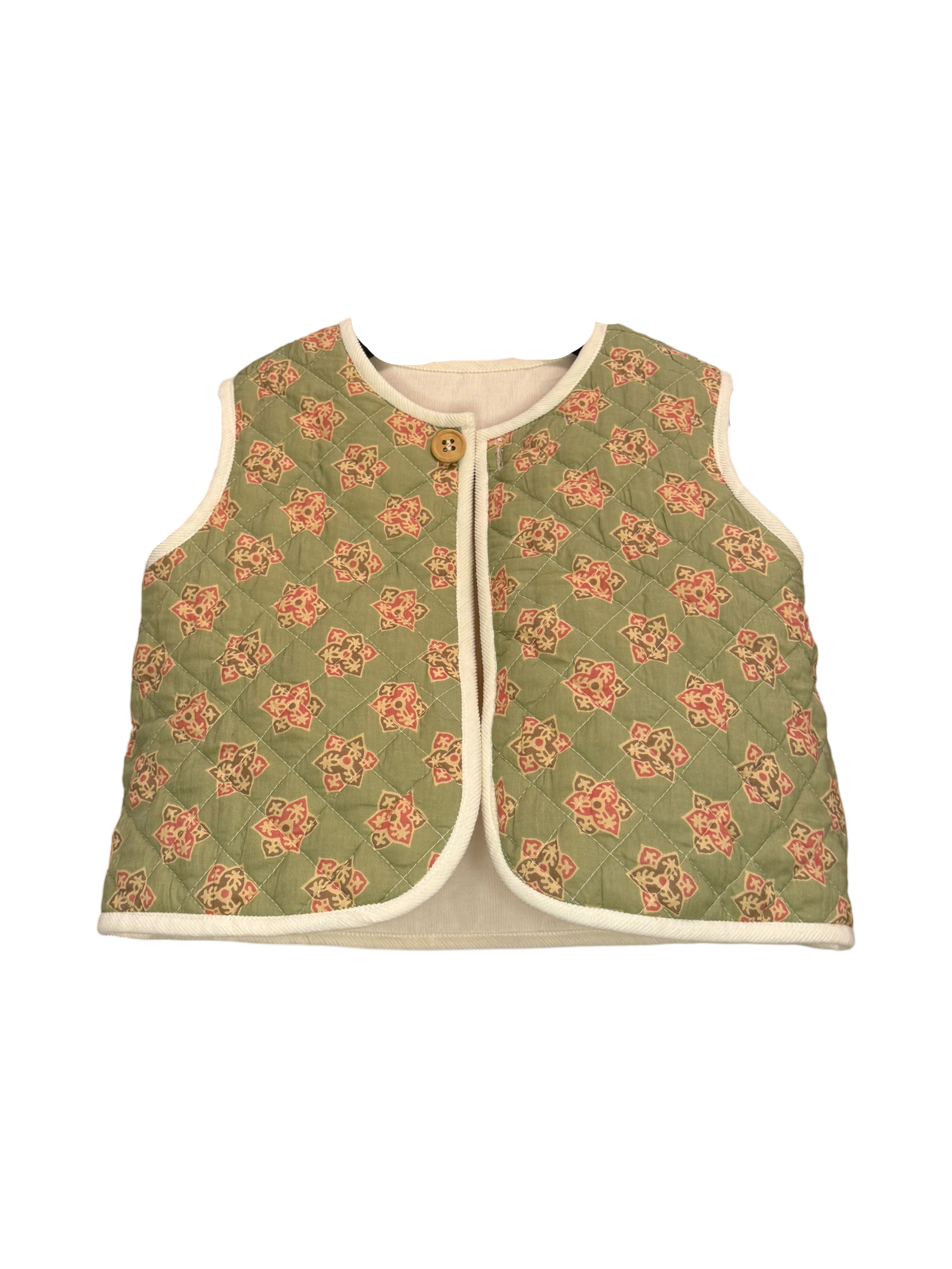 Reversible Soild Off White Conduroy & Sage Green Floral Quilted Jacket