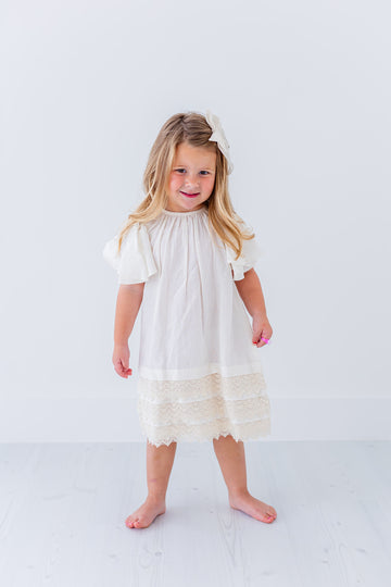 White Textured Checks Dress with Cap Sleeves & Lace Details